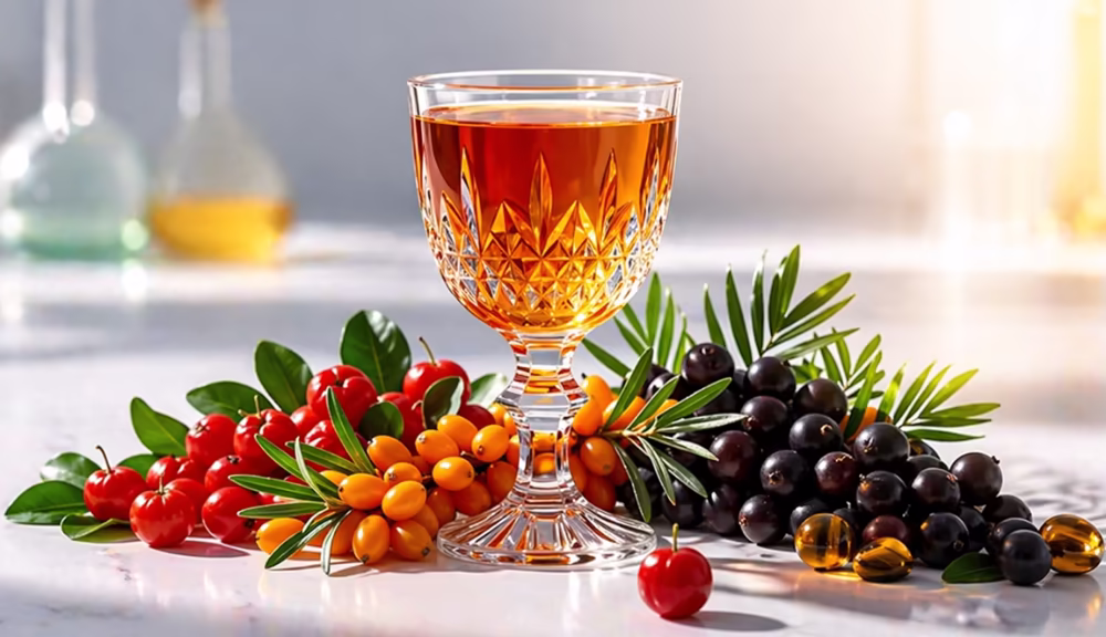 Élixir de vitamine C pure dans un verre en cristal, entouré d'acérola et d'argousier