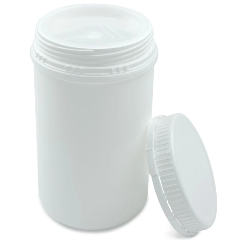 Pot en plastique PE blanc 1000 ml avec couvercle à vis et garantie de première ouverture